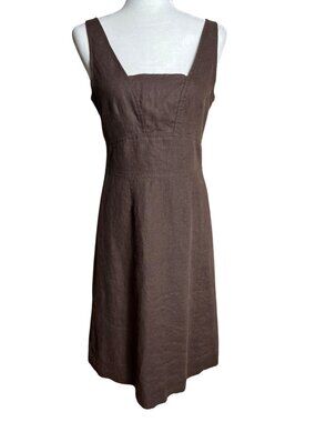 Linen A-line Dress Brown Midi Sundress Jumper Minimalist Preppy Retro Fall Wom S